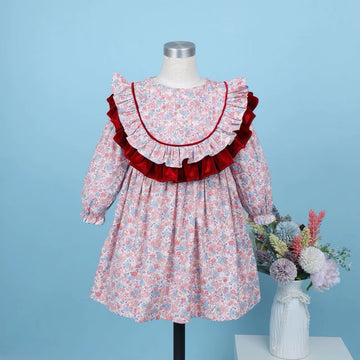 Girls and baby Vintage Floral Christmas Party Dress Red Velvet Frill  Clothes